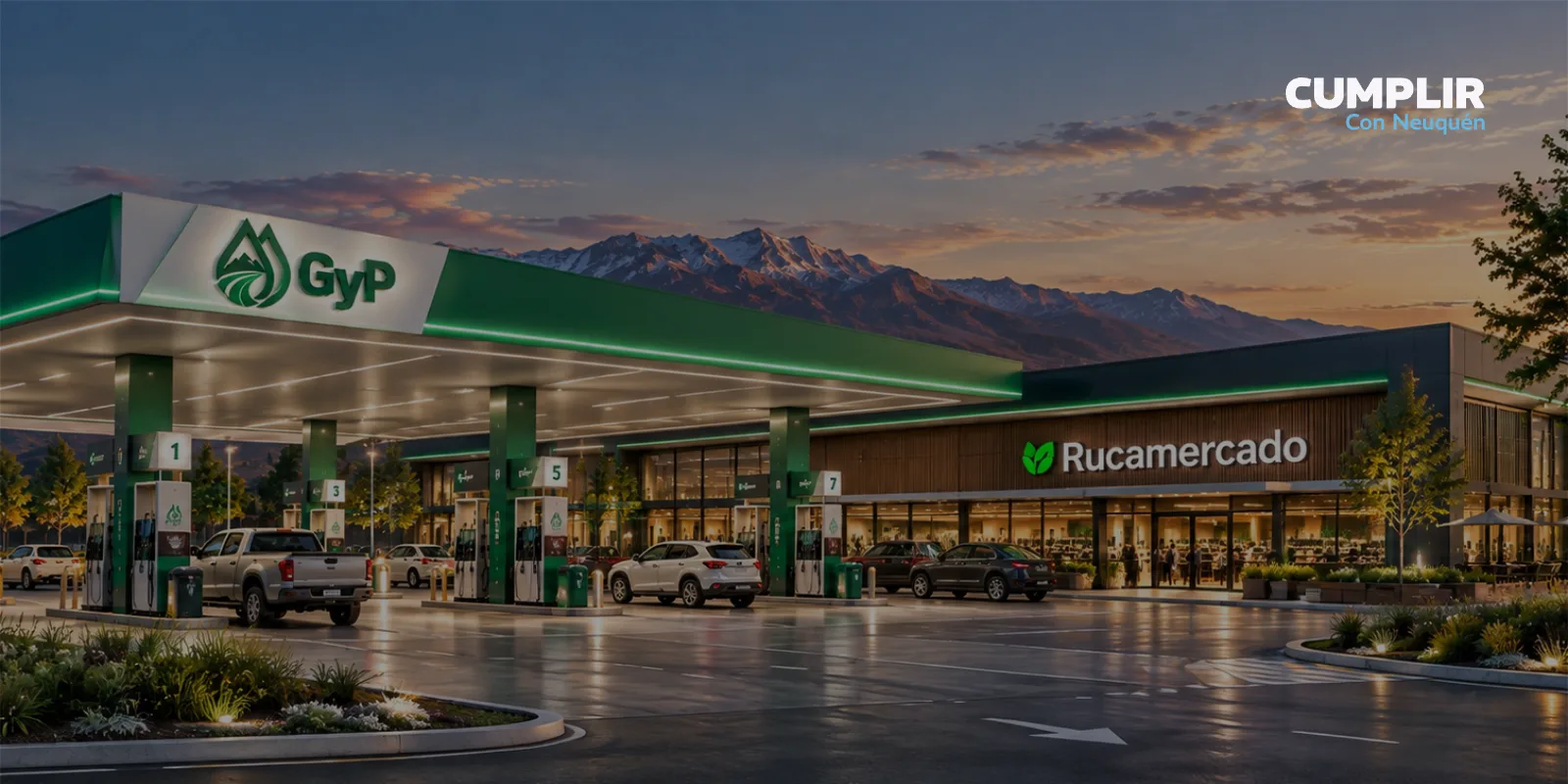 Imagen de una estación de servicio con la marca GyP y un Rucamercado, al pie de la cordillera